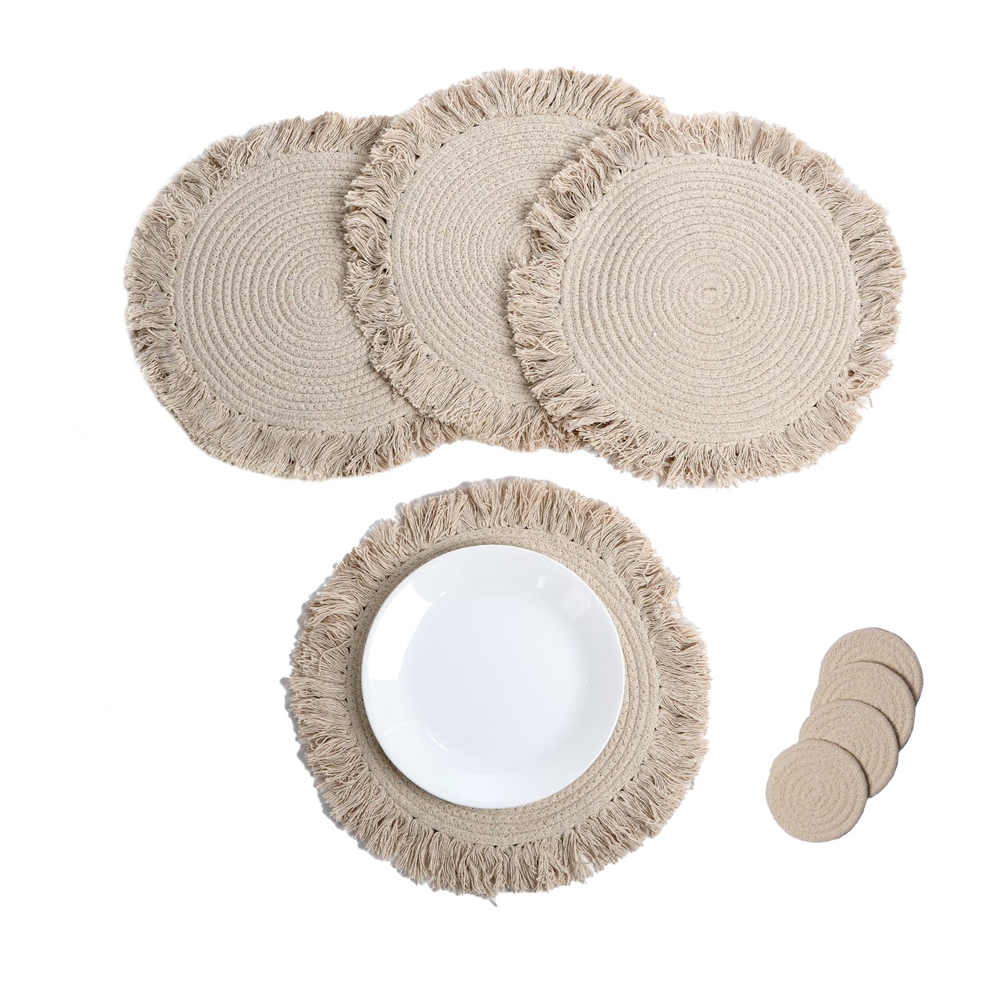 Ivory Braided Solid Placemat with fringes set of 4 (13" + with 2" fringes) +4 Coasters (4")- Recycle Cotton - India Wholesale Co.