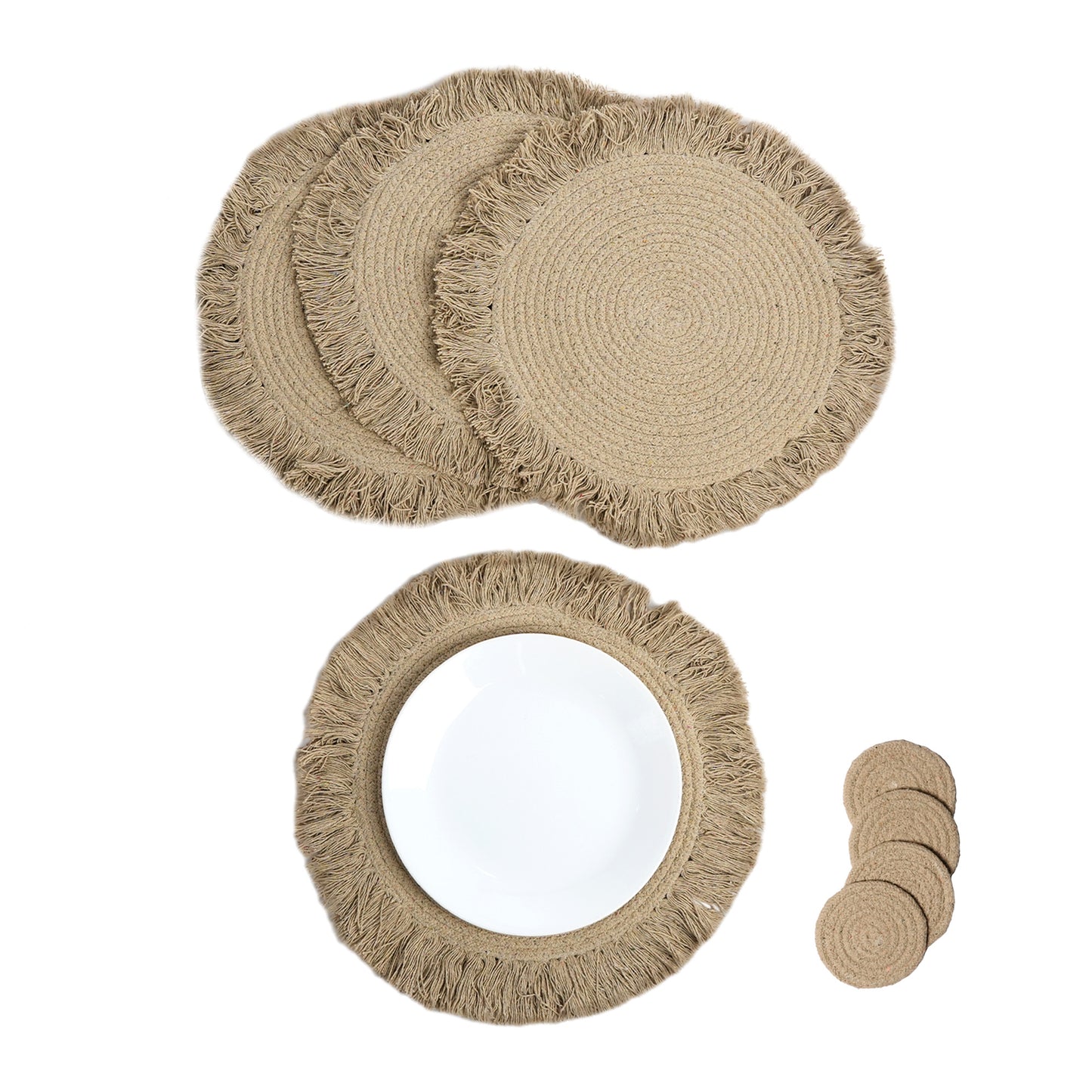 Beige Braided Solid Placemat with fringes set of 4 (13" + with 2" fringes) +4 Coasters (4")- Recycle Cotton - India Wholesale Co.