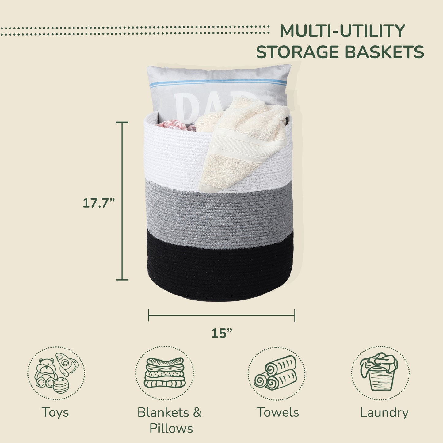 Cotton Basket without Lid Black/Grey/White 15x15x17.7" - India Wholesale Co.