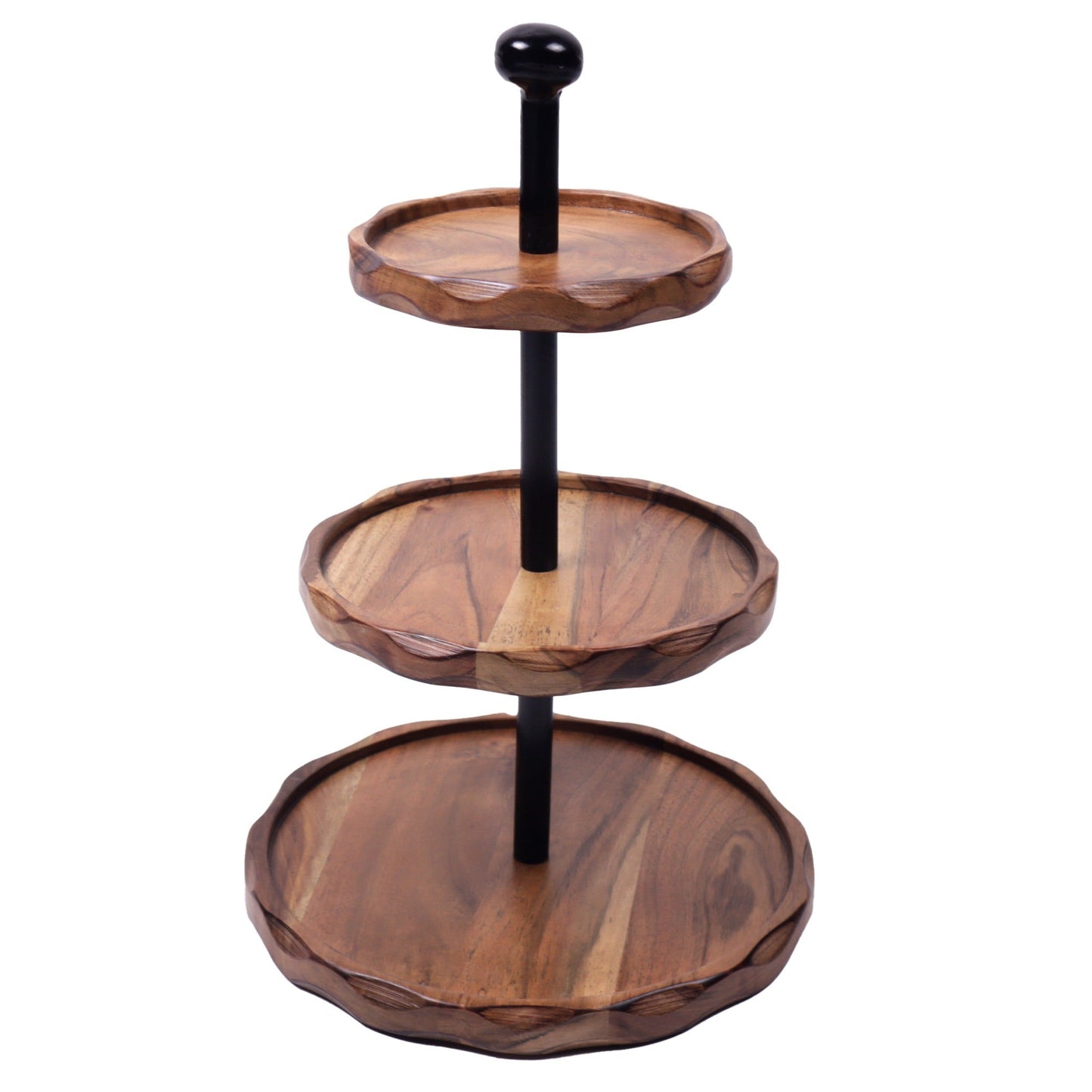 Wooden 3 Tier tray Round,swirl pattern, H-14.5", W- 10", Acacia, Natural - India Wholesale Co.