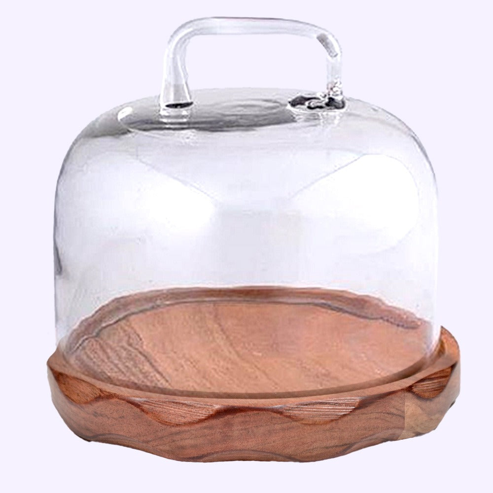 Wooden Cheese Dome Wood Peg Legs with glass Lid, 8.5"" round X 8.5, swirl pattern, Acacia, Natural - India Wholesale Co.