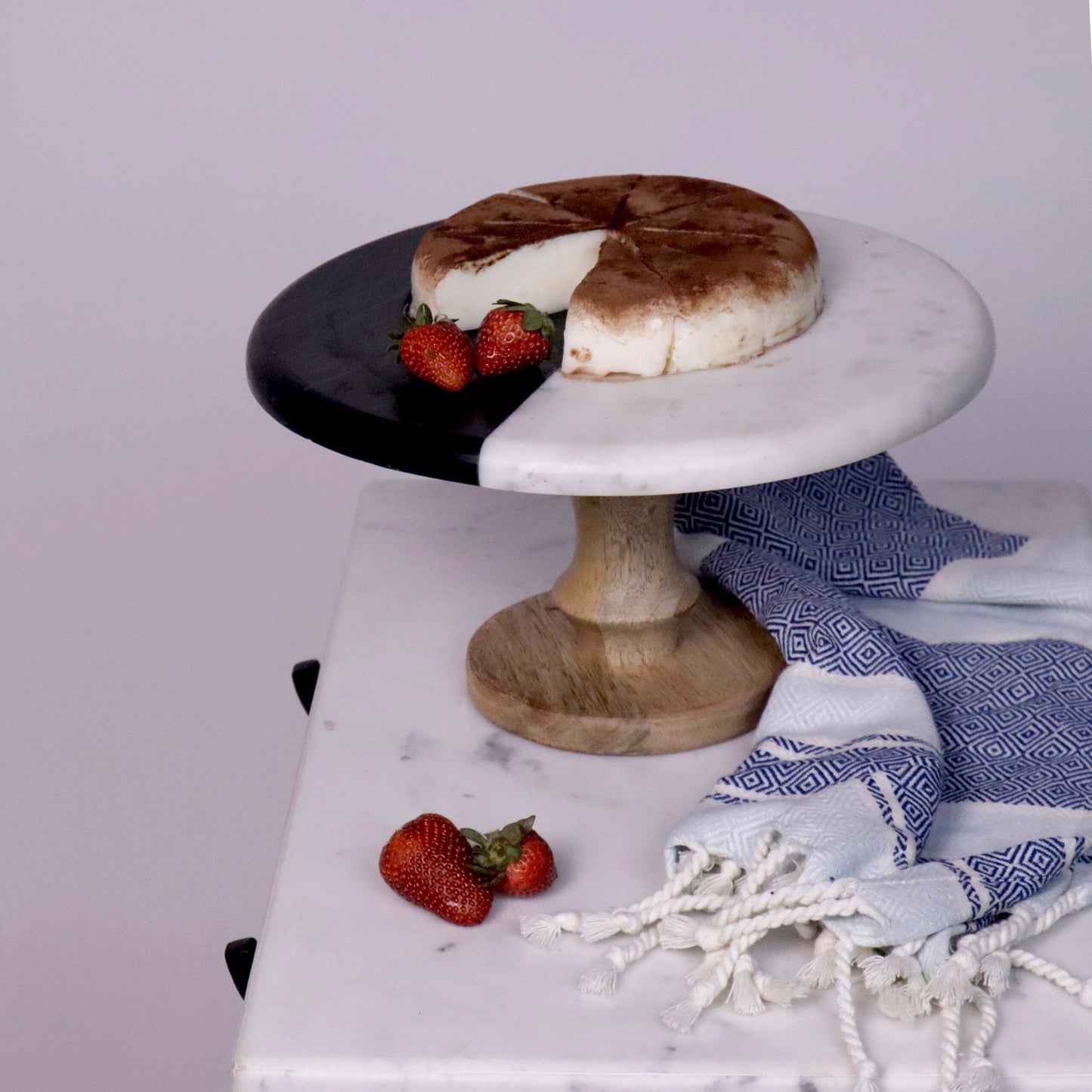 Black & white marble cake stand, Marble & wood, 11" Round x 6" Height - India Wholesale Co.