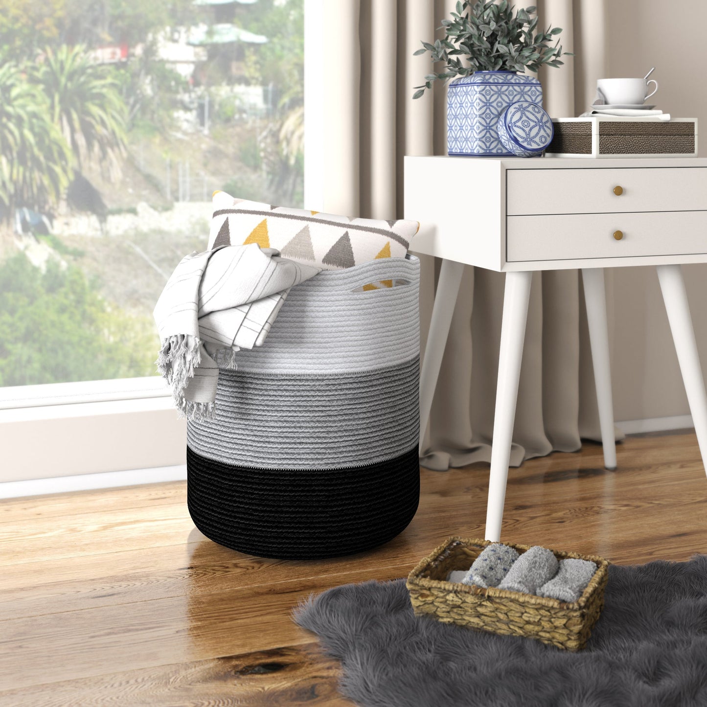 Cotton Basket without Lid Black/Grey/White 15x15x17.7" - India Wholesale Co.