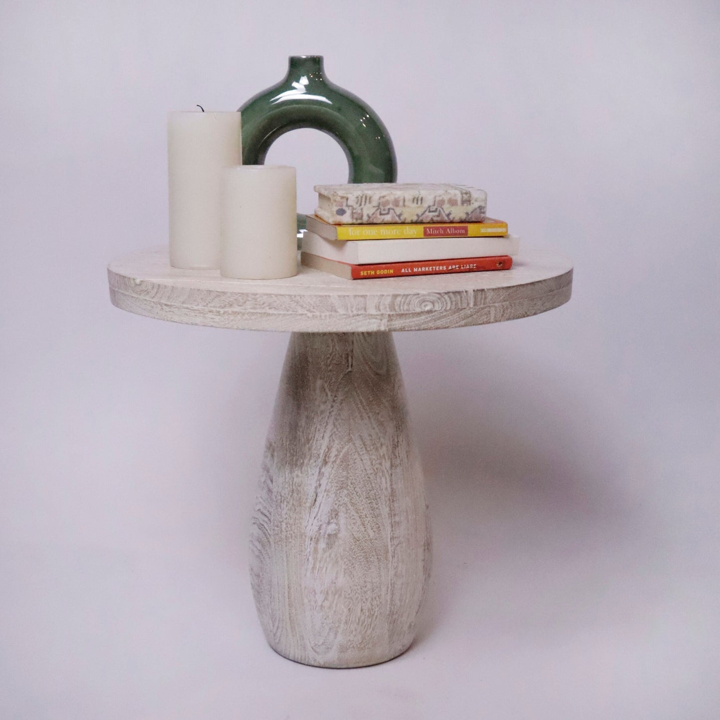 White sand blast Mushroom table , Mango wood, 19" round & 17" Height - India Wholesale Co.
