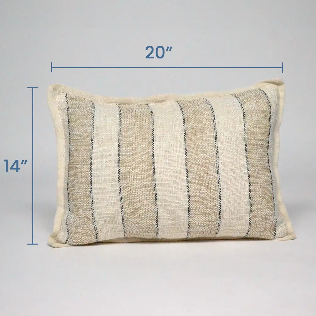 Handloom Broad Stripes Cotton & Jute Pillow Cover 14"x20", White & Natural - India Wholesale Co.