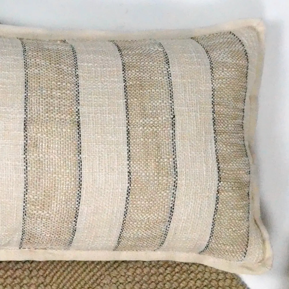 Handloom Broad Stripes Cotton & Jute Pillow Cover 14"x20", White & Natural - India Wholesale Co.