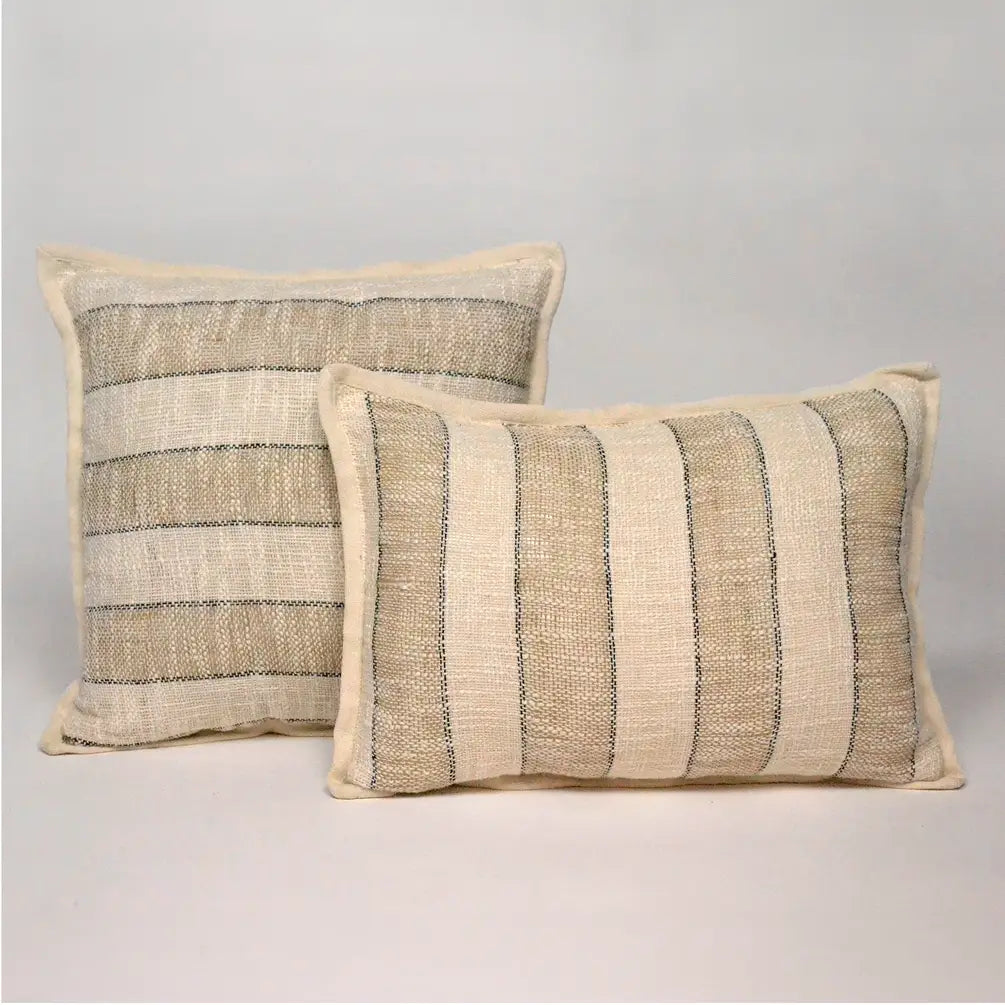 Handloom Broad Stripes Cotton & Jute Pillow Cover 14"x20", White & Natural - India Wholesale Co.