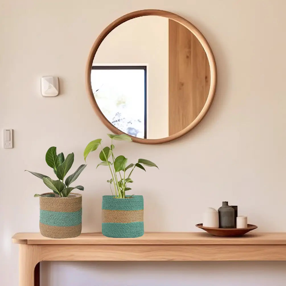 Jute Planter Set of 2, Natural Jute, 6.5x6.5x6, Mint Green & Natural - India Wholesale Co.
