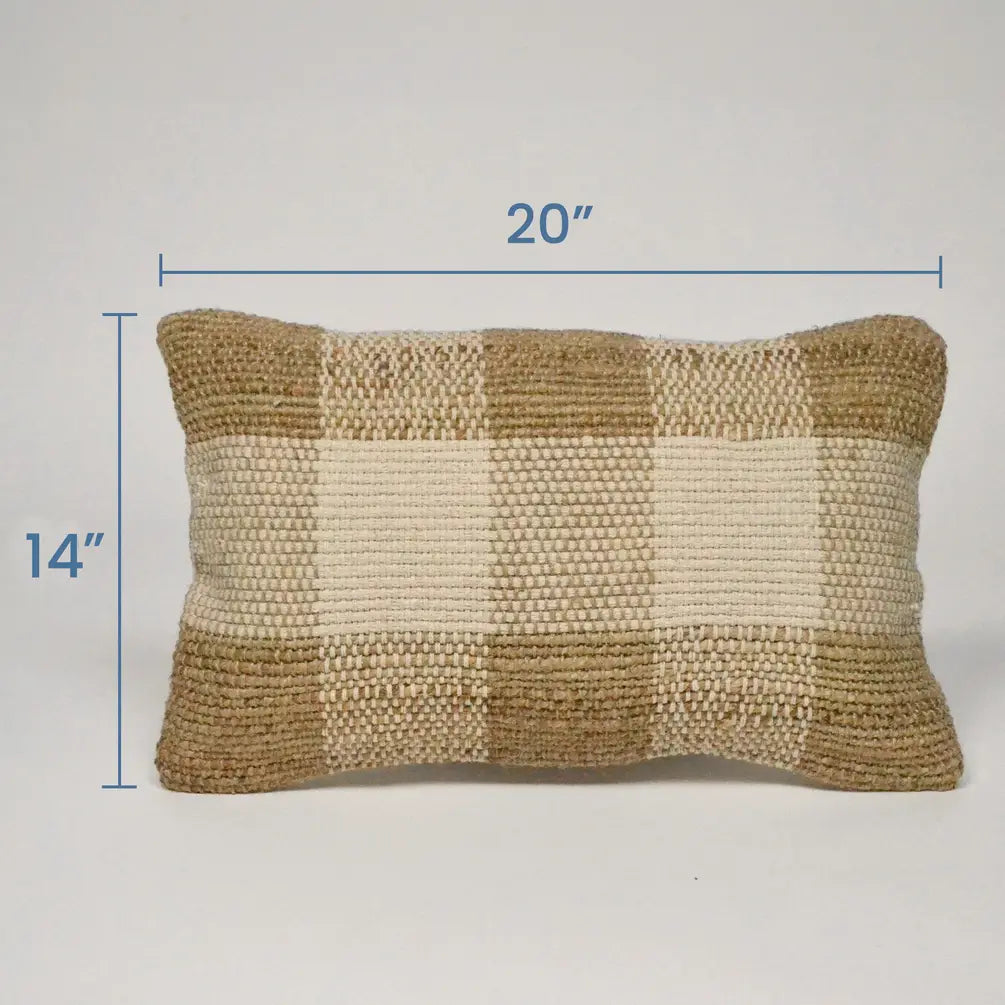 Jute Cotton Plaid Cotton & Jute Pillow Cover, 14"x20", White & Natural - India Wholesale Co.