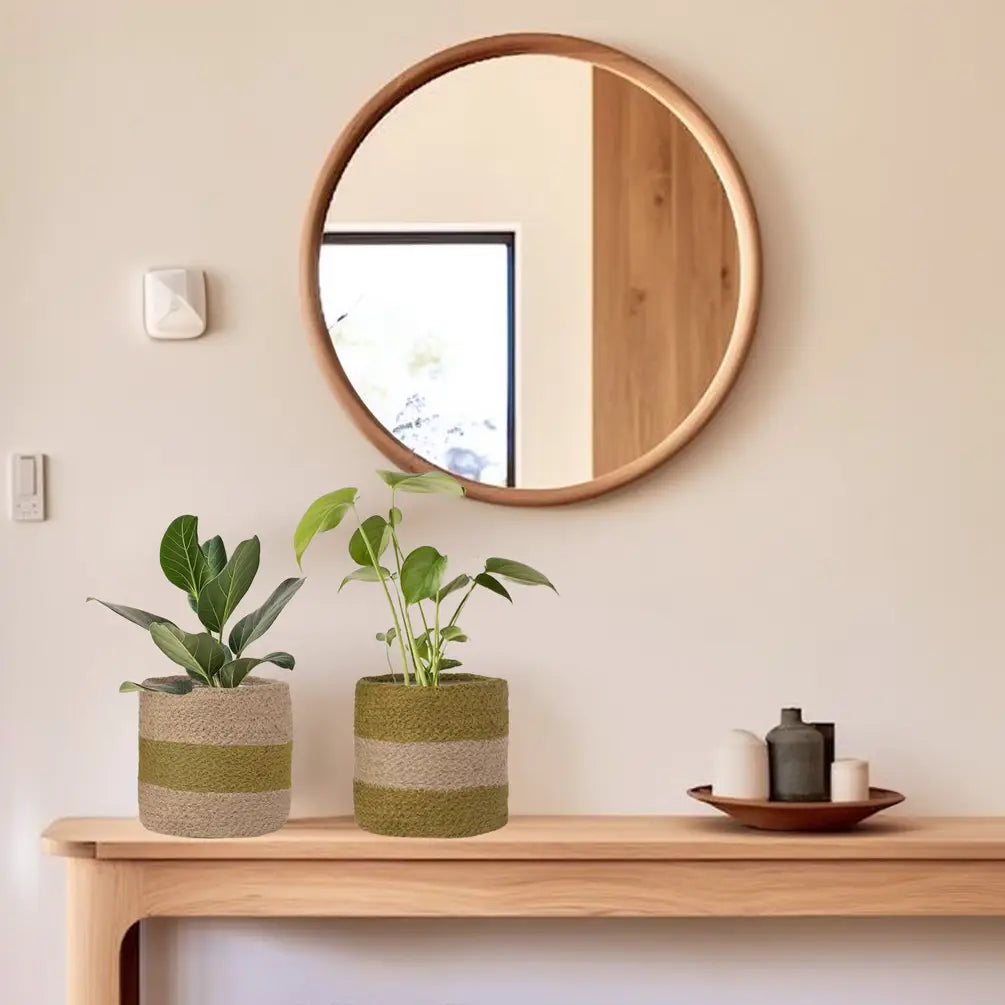 Jute Planter Set of 2, Natural Jute, 6.5x6.5x6, Olive & Natural - India Wholesale Co.