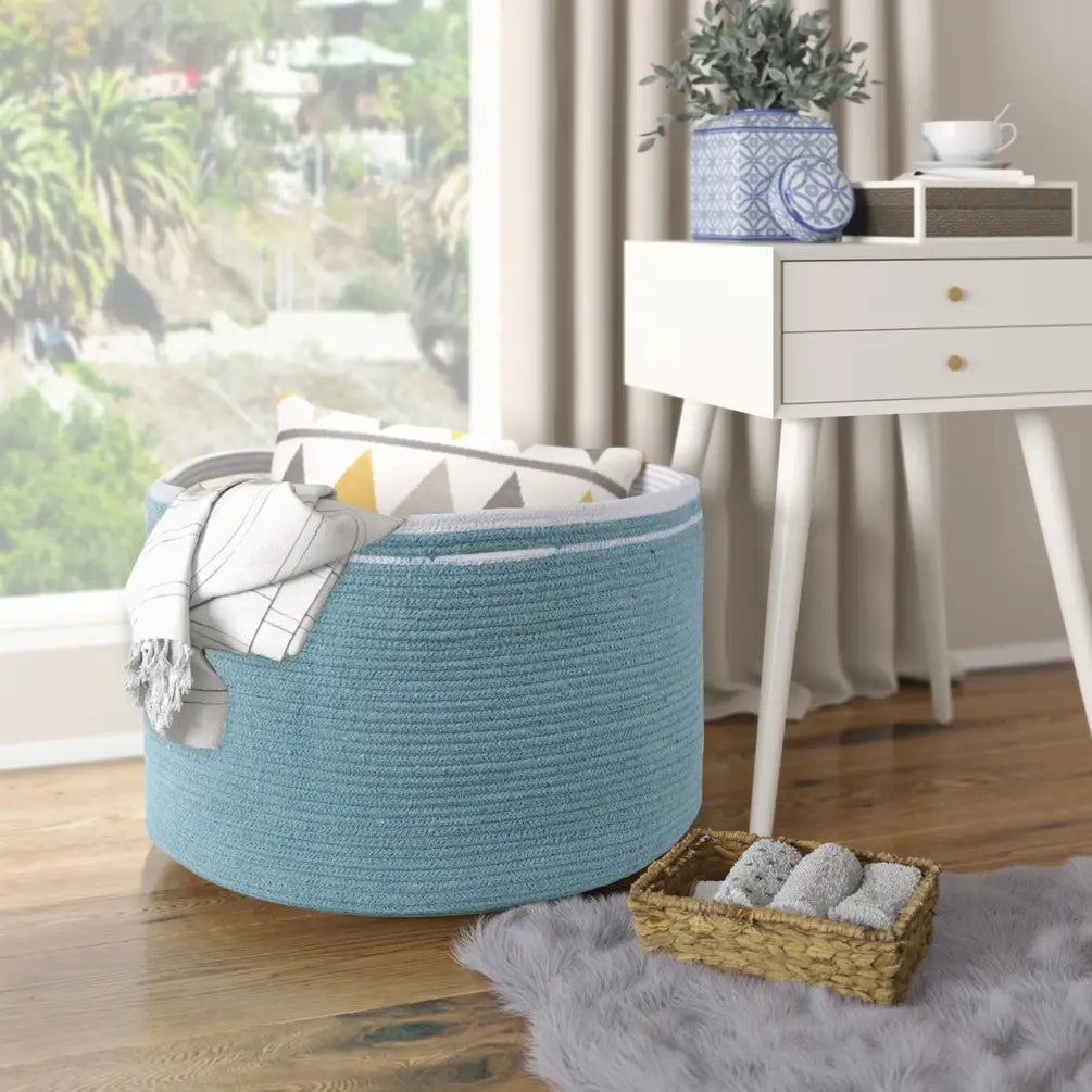 Cotton Basket without Lid, Blue, 21.7x21.7x13.8" - India Wholesale Co.