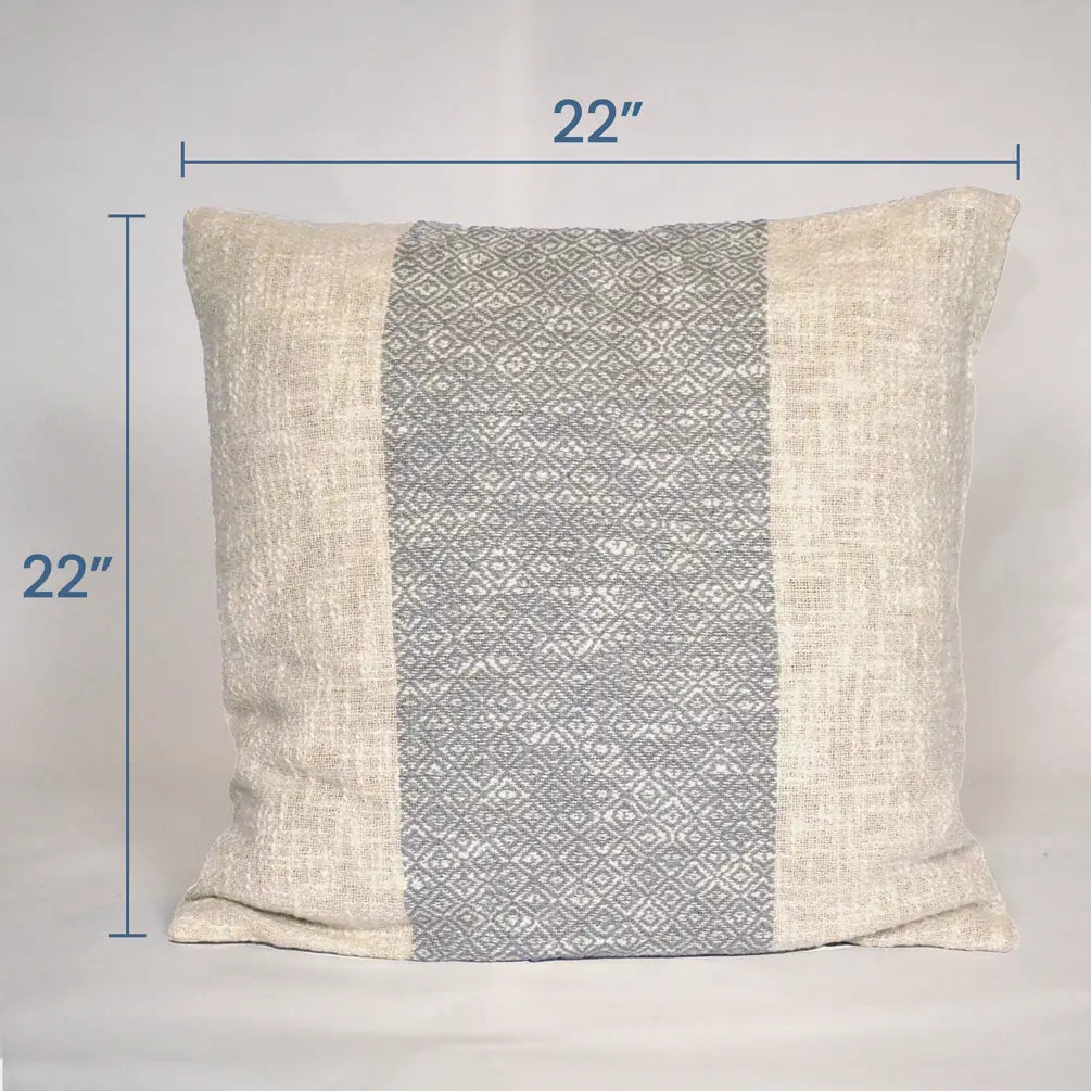 Diamond Weave Cotton Pillow Cover, (Centre Stripe), 22"x22", Gray & Offwhite - India Wholesale Co.