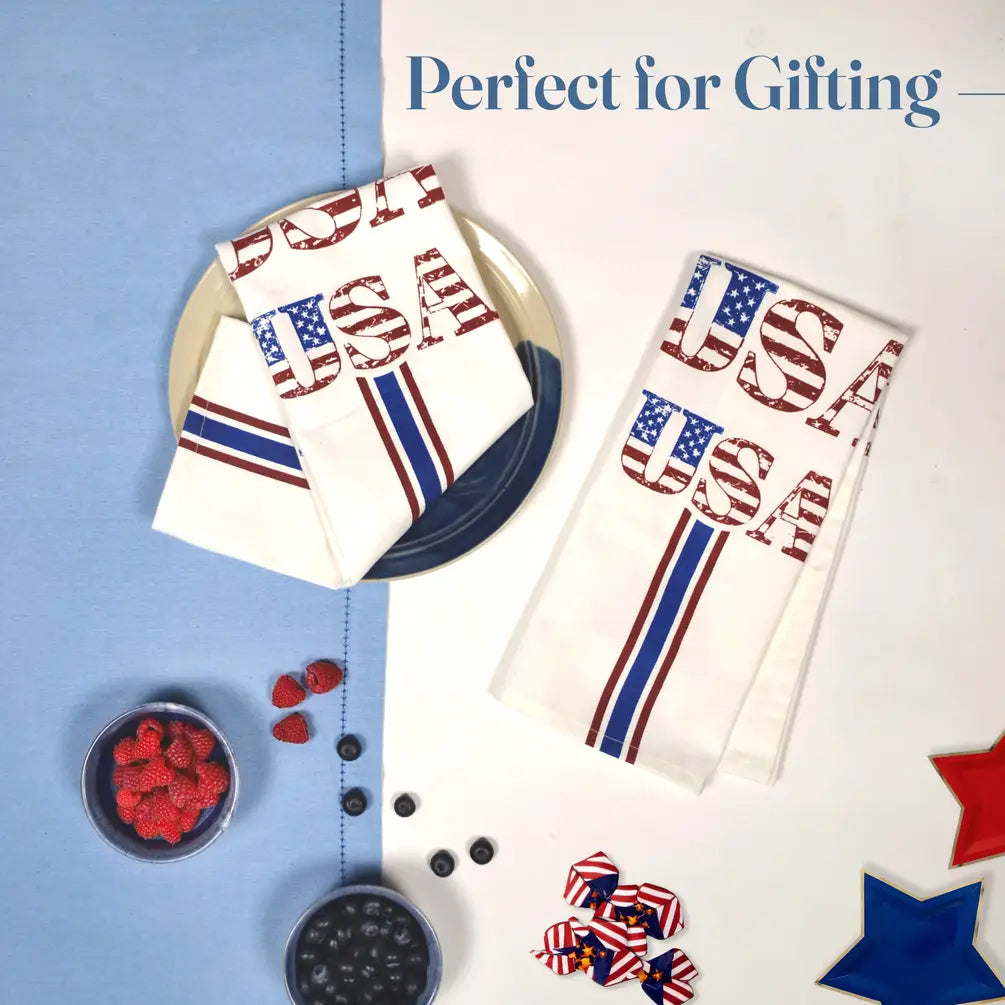 Set of 2 USA Printed Kitchen Towel, 18" x28", 100% cotton, Red & Blue - India Wholesale Co.