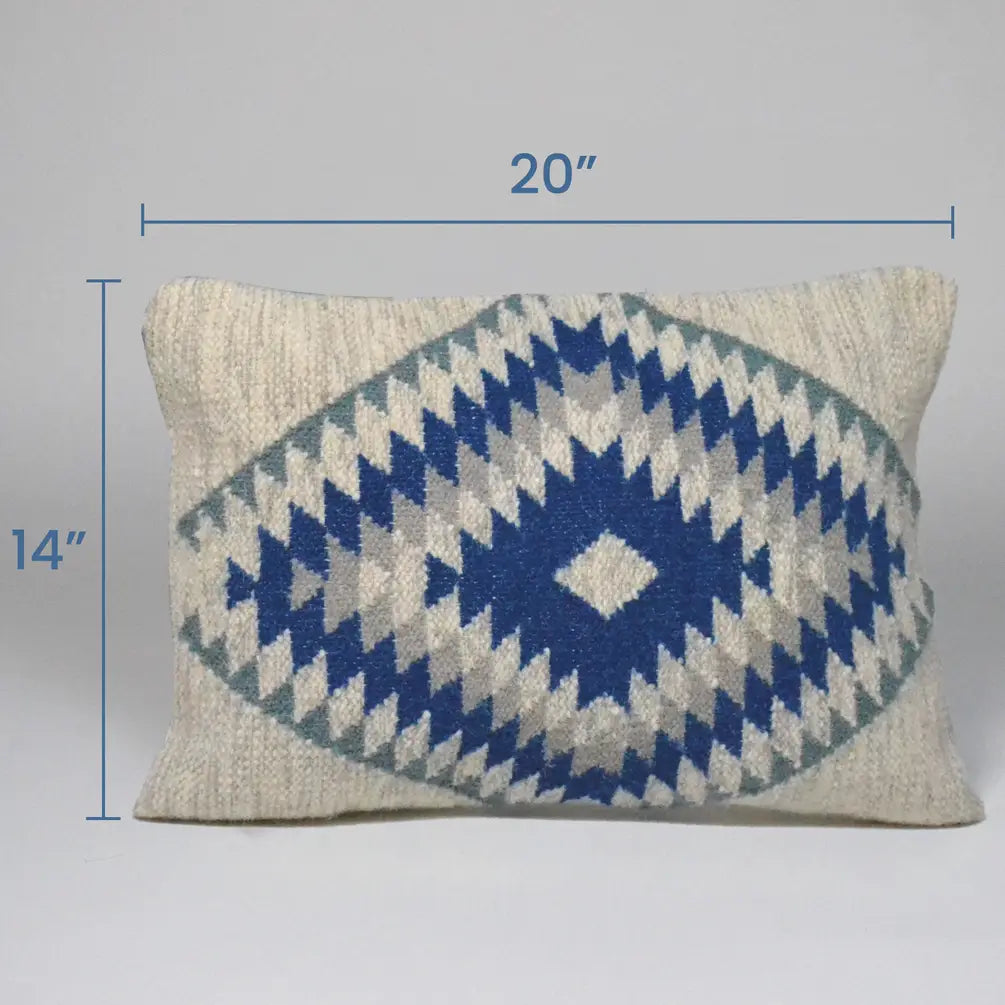 Handloom Kilm Woven Cotton Pillow Cover, 14"x20", White & Blue - India Wholesale Co.