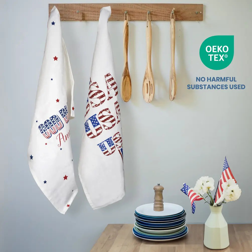 Set of 2 USA and God Bless America Printed Kitchen Towel, 18" x28", 100% cotton, Red & Blue - India Wholesale Co.
