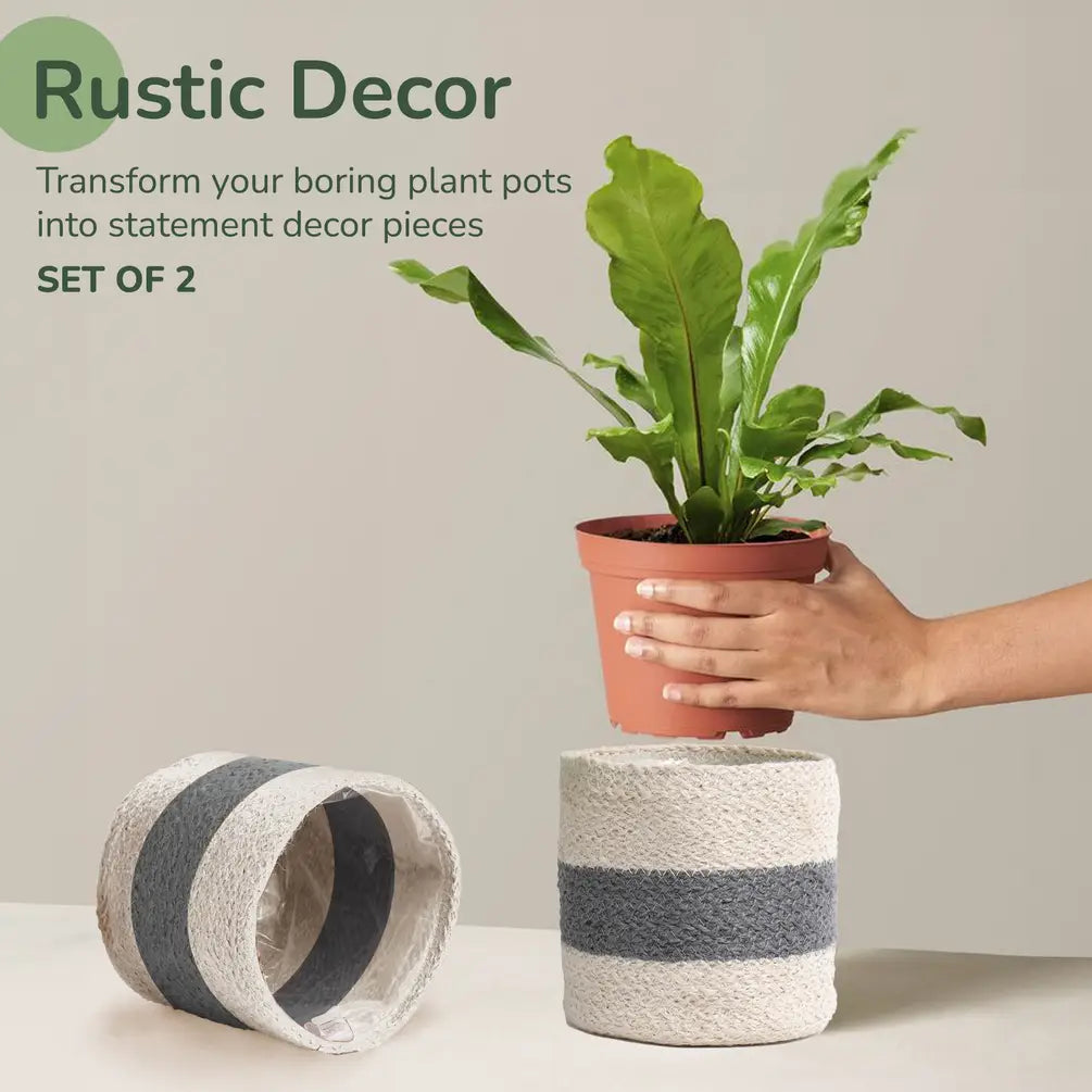 Jute Planter Set of 2, Natural Jute, 6.5x6.5x6, Gray & White - India Wholesale Co.