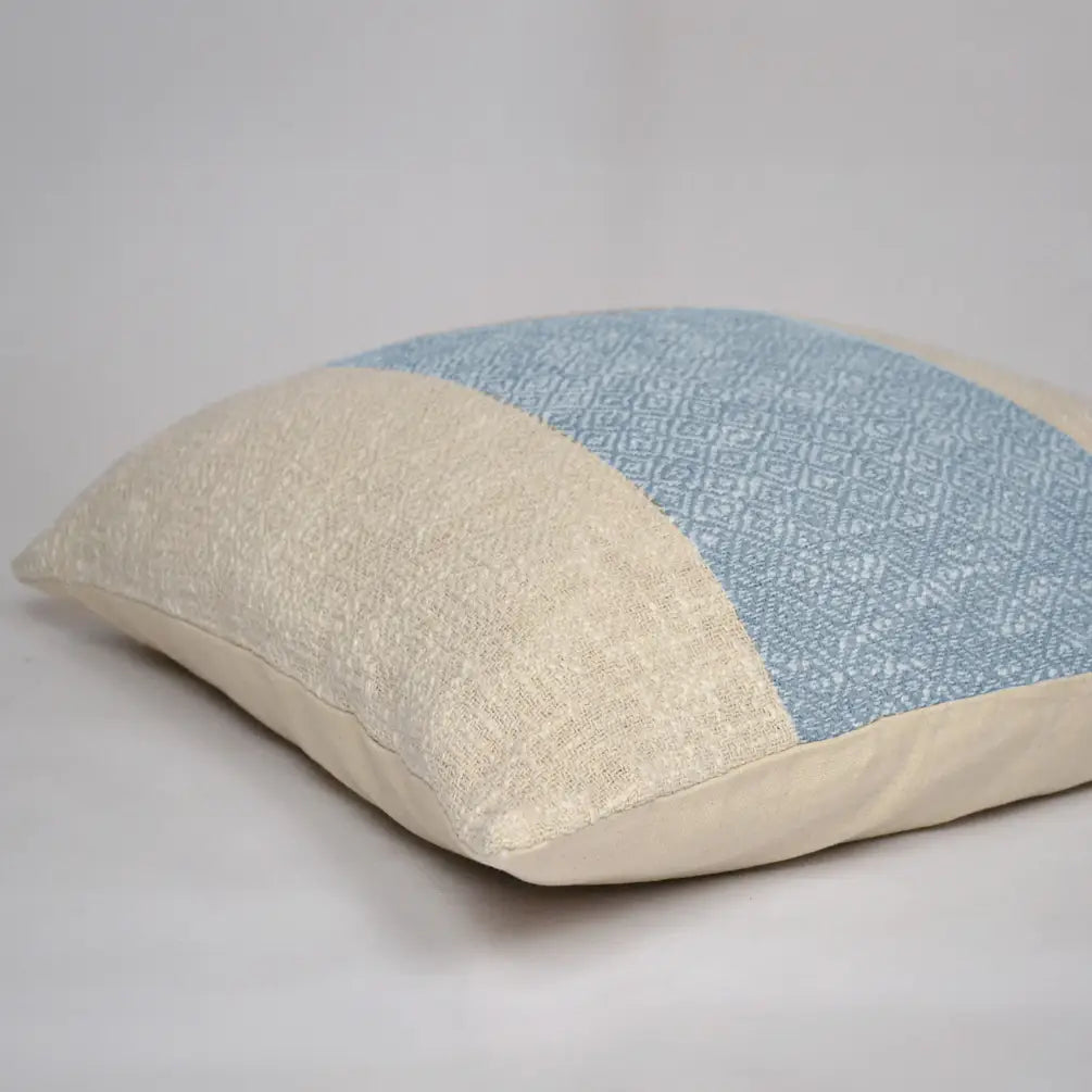 Diamond Weave Cotton Pillow Cover, (Centre Stripe) 22"x22", Cool Blue & Offwhite - India Wholesale Co.