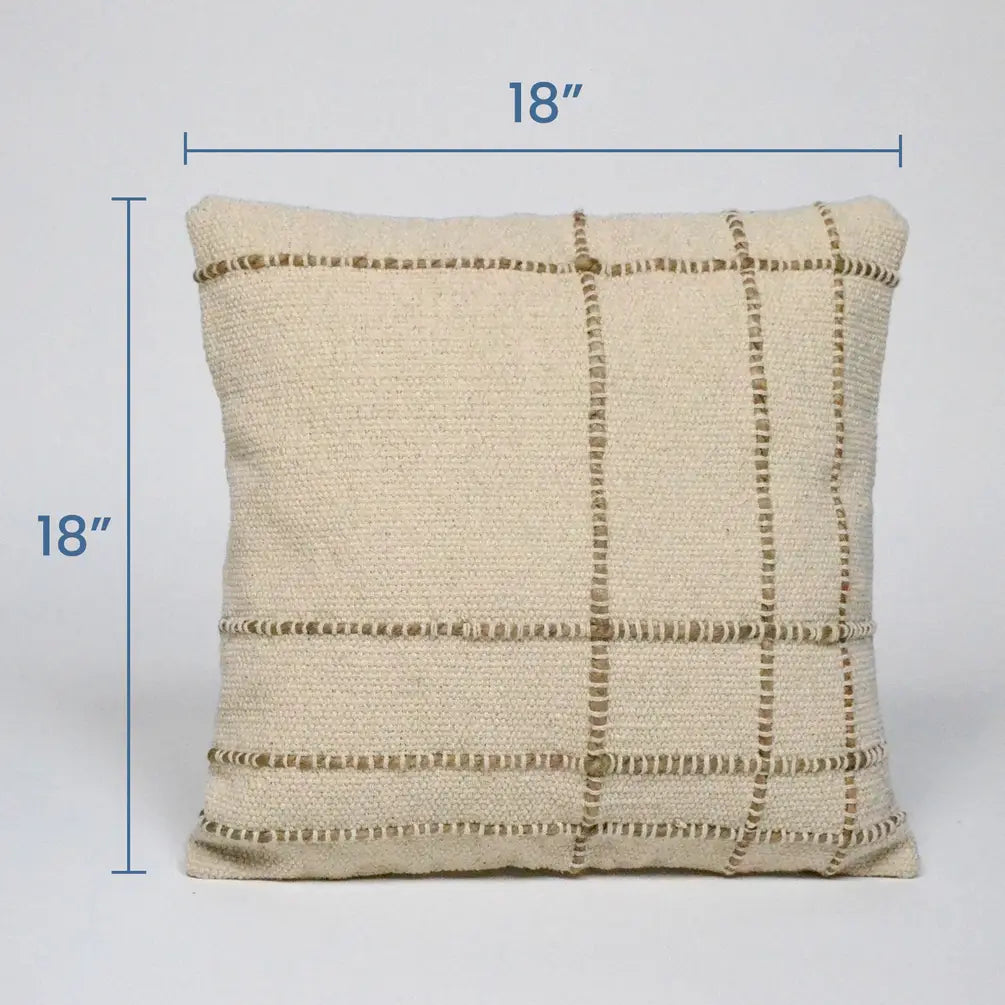 Jute Cotton Fancy check Cotton & Jute Pillow Cover, 18"x18", White - India Wholesale Co.