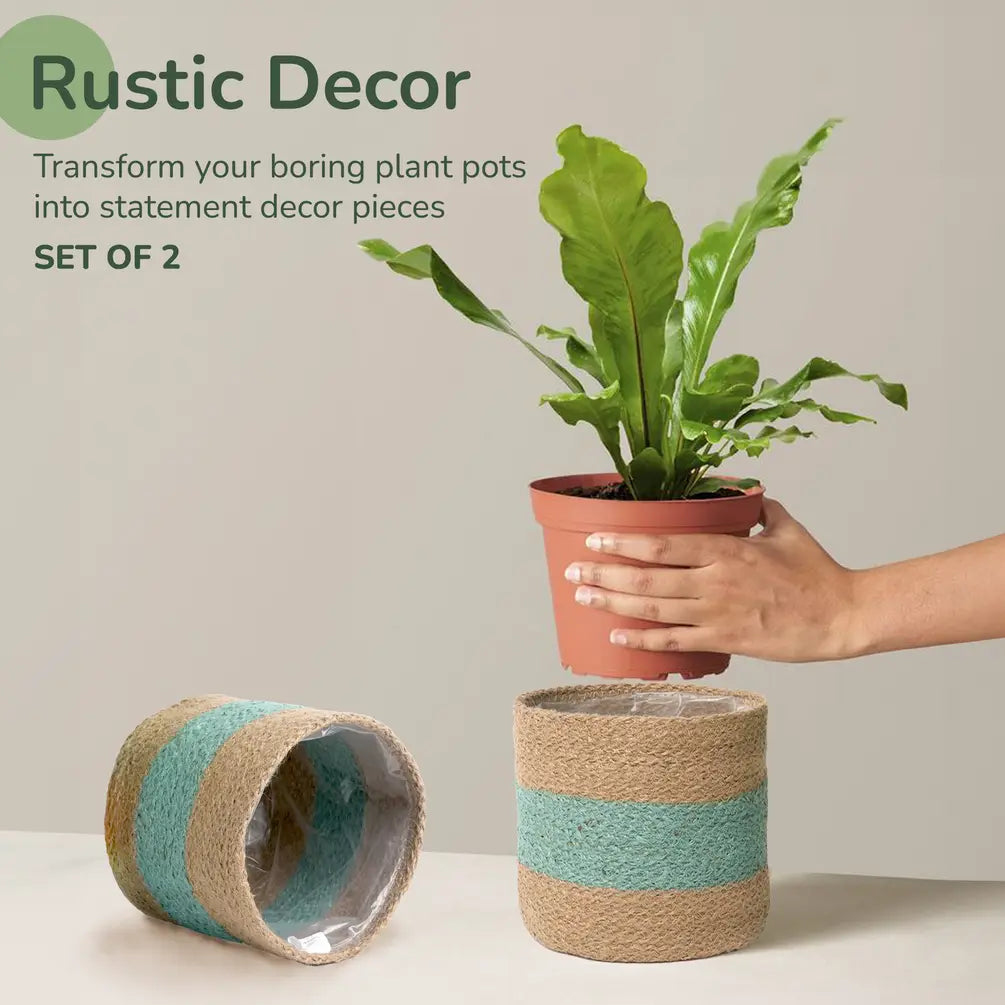 Jute Planter Set of 2, Natural Jute, 6.5x6.5x6, Mint Green & Natural - India Wholesale Co.