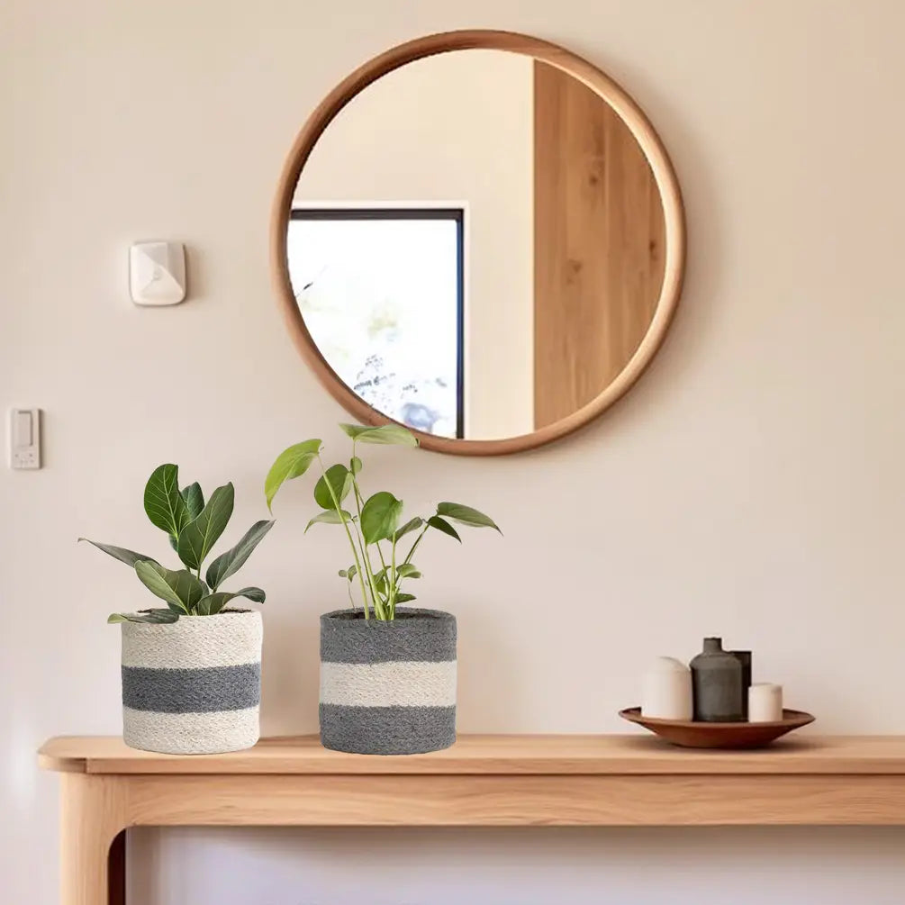 Jute Planter Set of 2, Natural Jute, 6.5x6.5x6, Gray & White - India Wholesale Co.