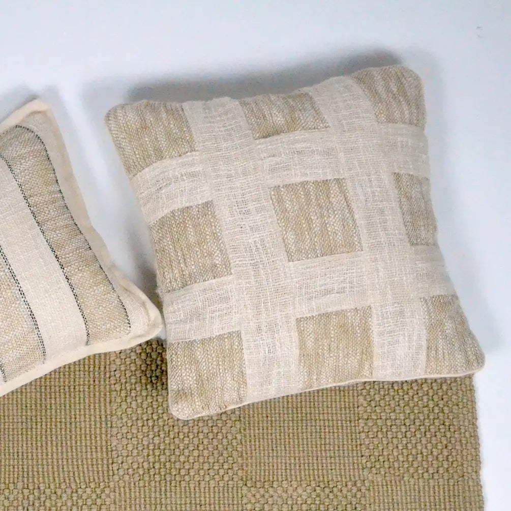 Handloom Broad Checks Cotton & Jute Pillow Cover, 18"x18",White & Natural - India Wholesale Co.