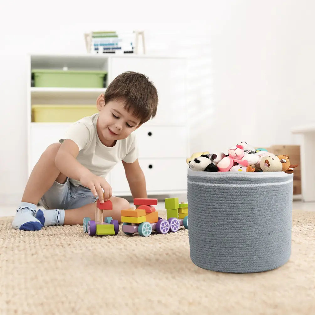 Cotton Basket Set of 3, Cotton, 11x11x11, Gray- Solid - India Wholesale Co.