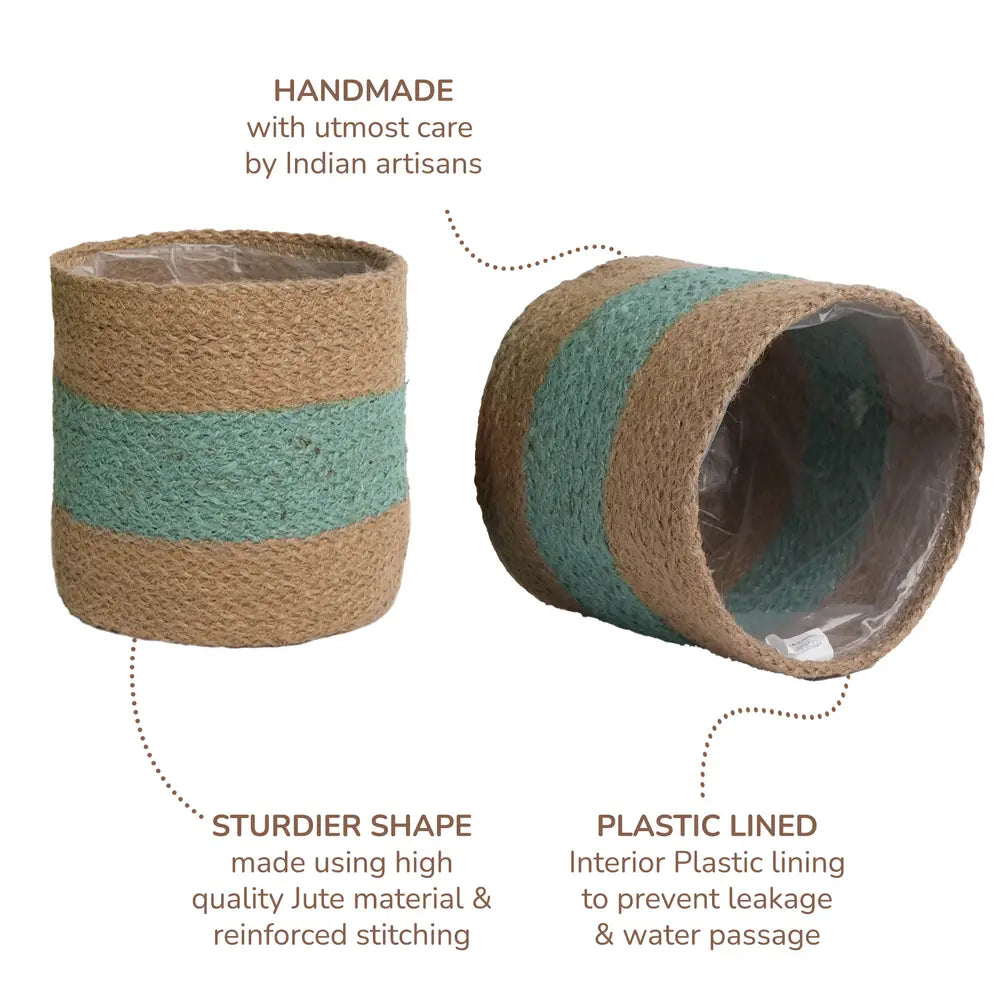 Jute Planter Set of 2, Natural Jute, 6.5x6.5x6, Mint Green & Natural - India Wholesale Co.
