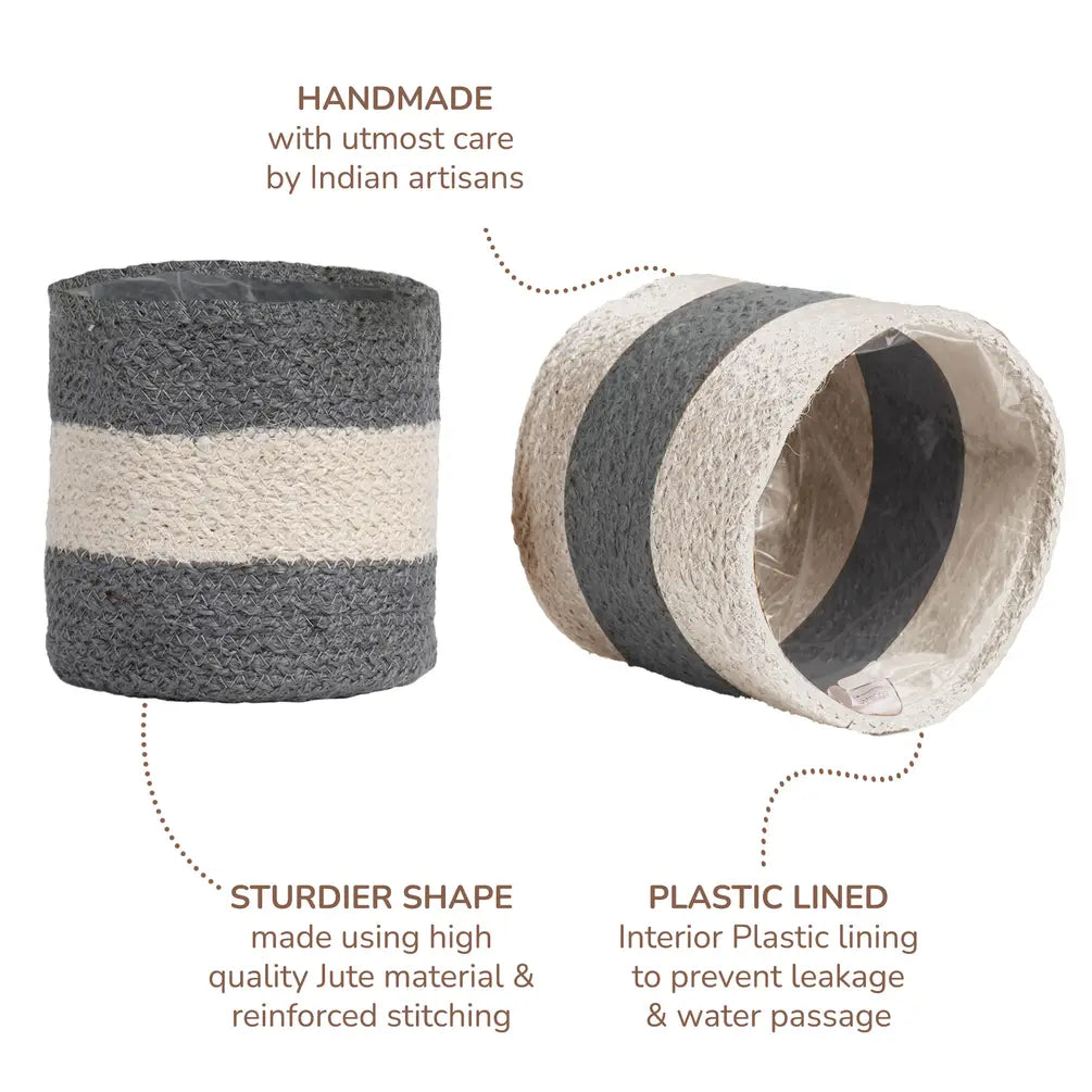 Jute Planter Set of 2, Natural Jute, 6.5x6.5x6, Gray & White - India Wholesale Co.