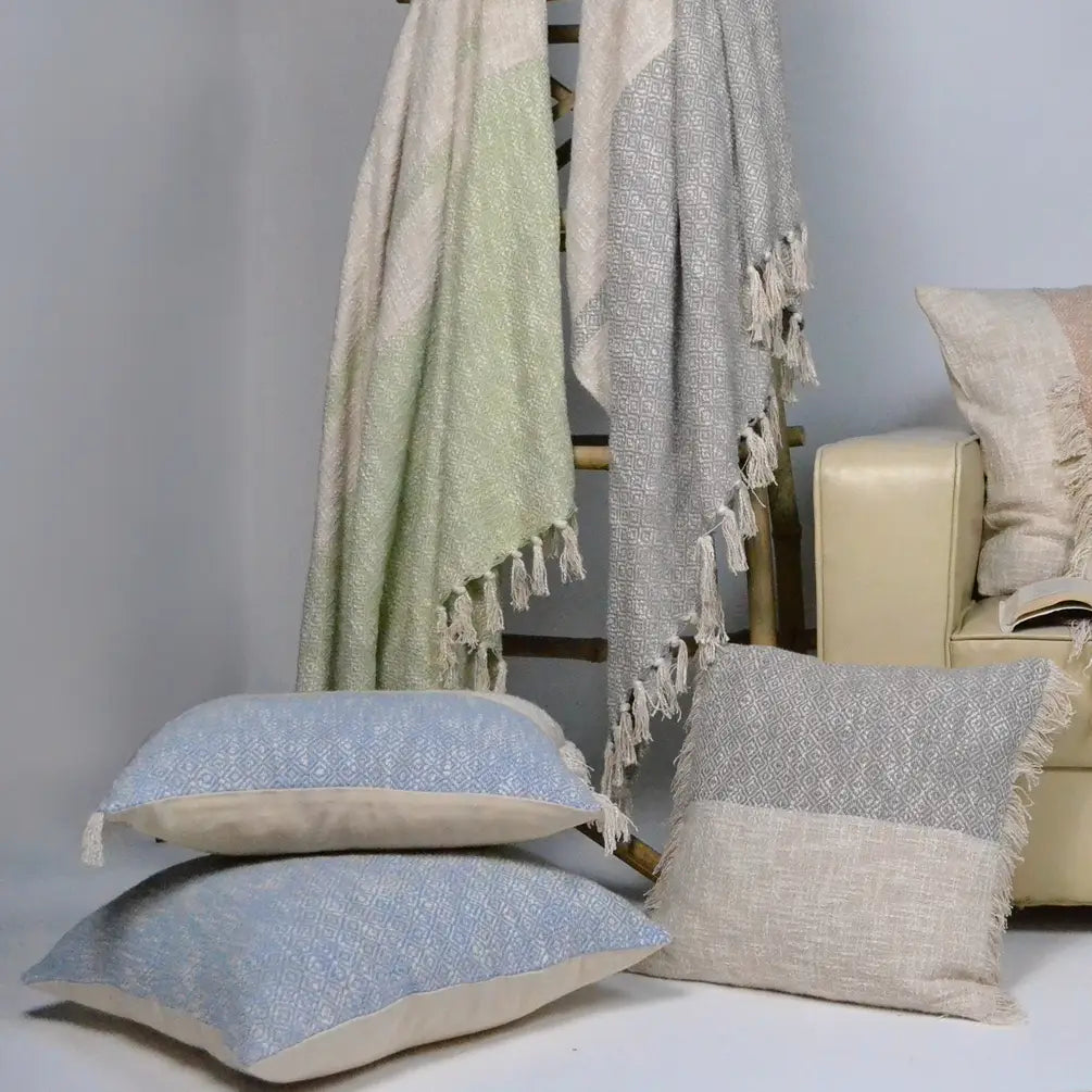 Diamond Weave Cotton Pillow Cover (All over weave) 20"x20", Cool Blue & Offwhite - India Wholesale Co.