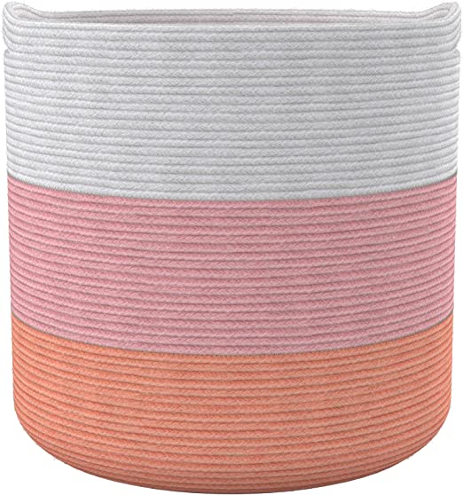 Cotton Basket without Lid Pink and White 15.8x15.8x13.8" - India Wholesale Co.