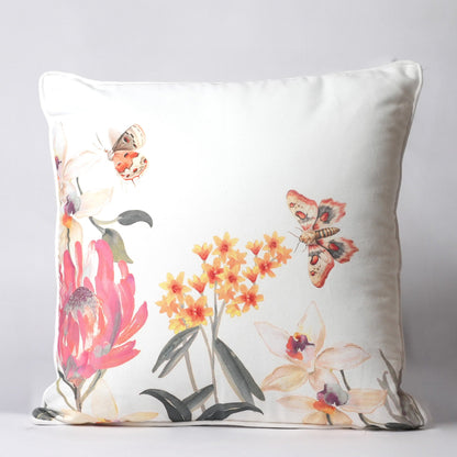 Red floral with butterfly printed cotton pillow cover, 18"x18"