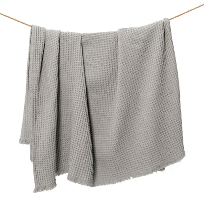 Waffle Weave Throw with Fringes, 50"x 60", 100% Fresh Cotton, Mineral Gray