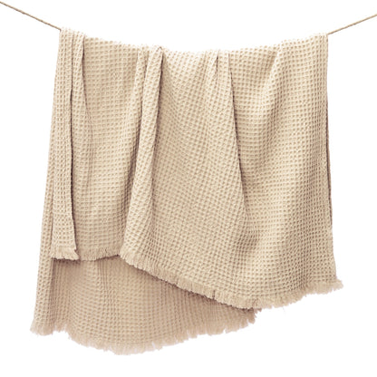 Waffle Weave Throw with Fringes, 50"x 60", 100% Fresh Cotton, Sand