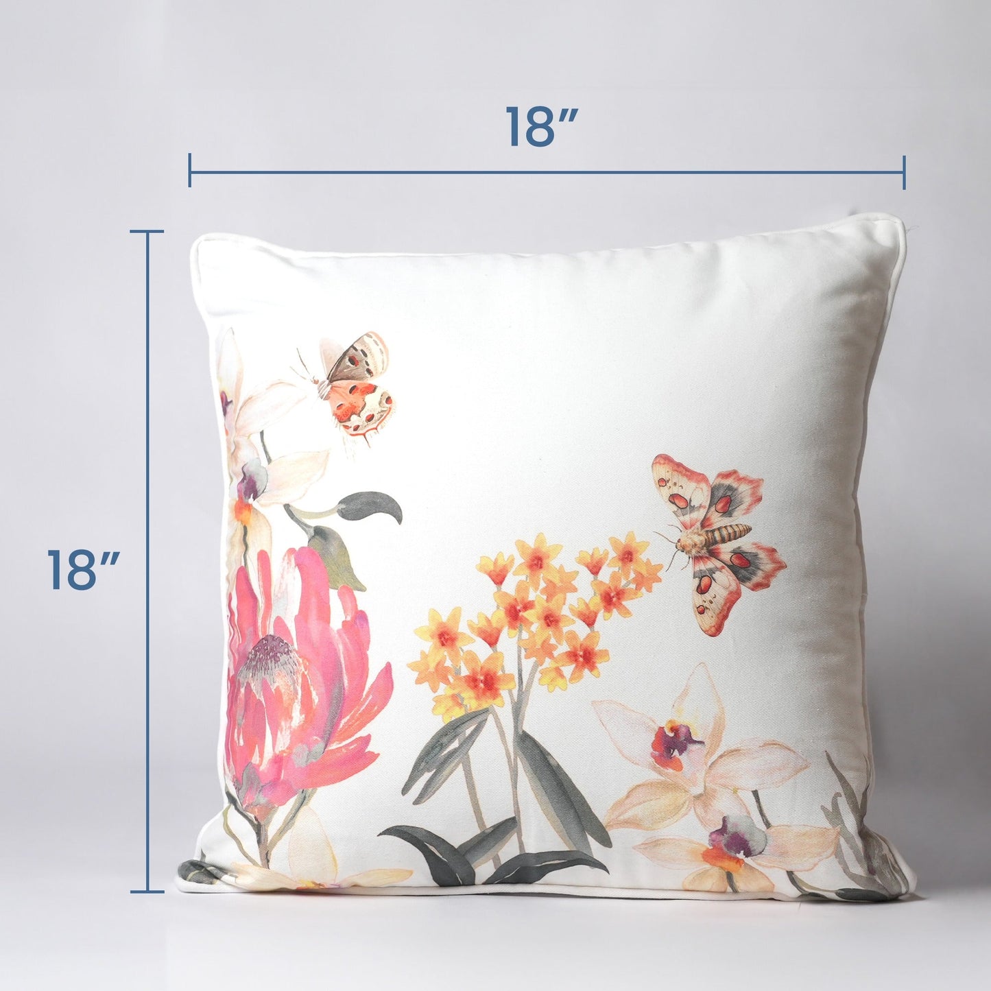 Red floral with butterfly printed cotton pillow cover, 18"x18"