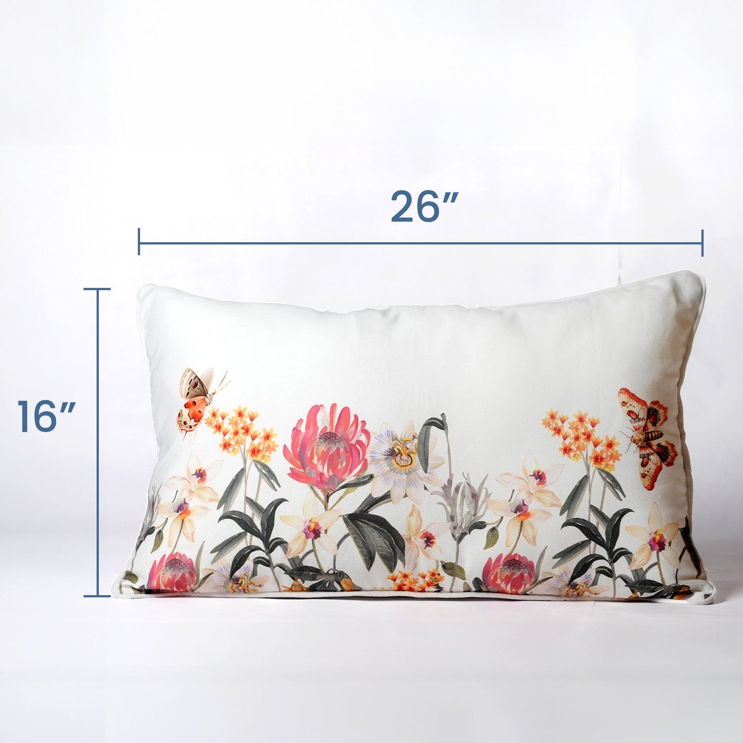 Red floral with butterfly printed cotton pillow cover, 16"x26"