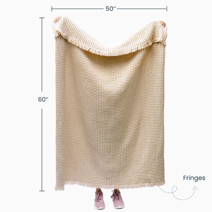 Waffle Weave Throw with Fringes, 50"x 60", 100% Fresh Cotton, Sand