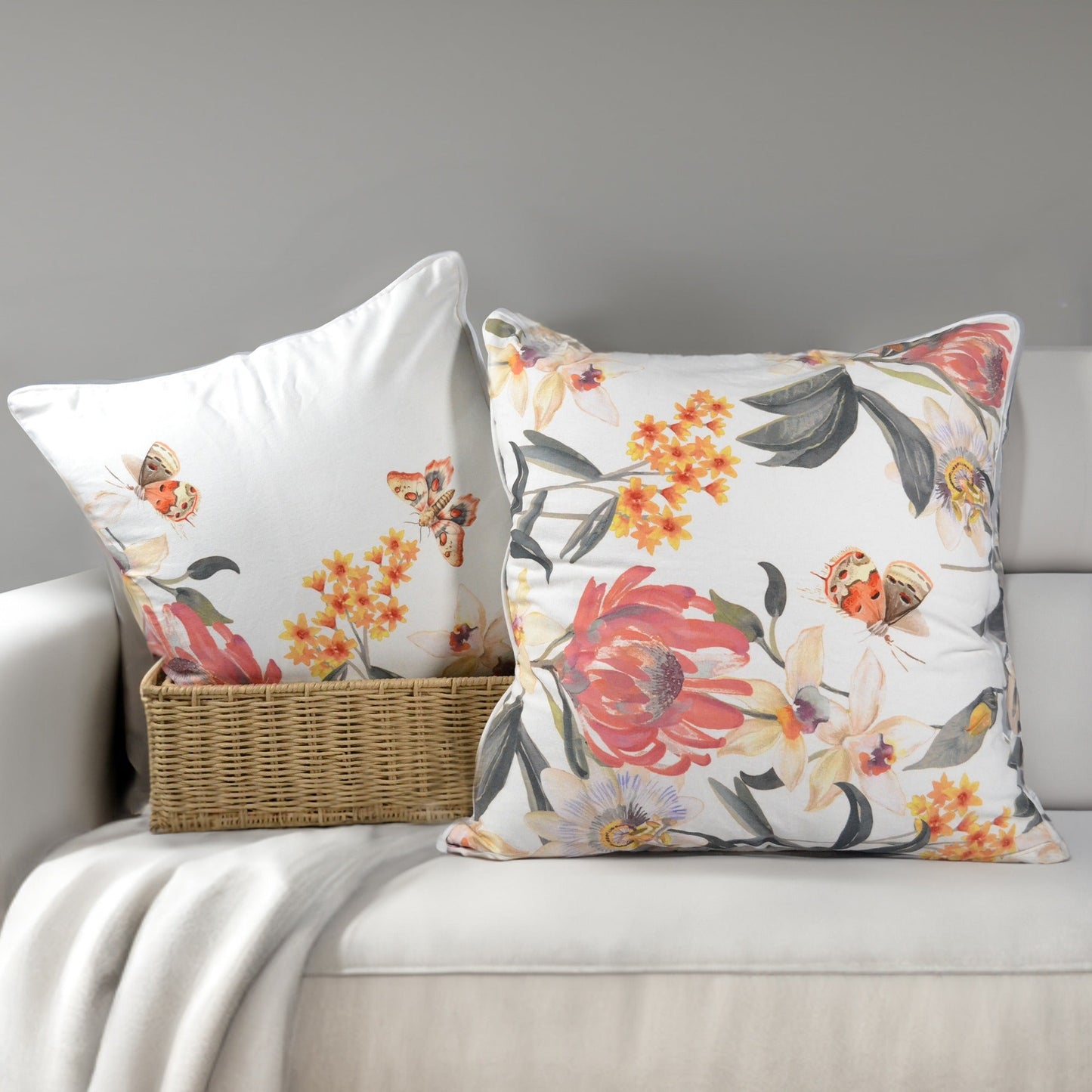 Red floral with butterfly printed cotton pillow cover, 22"x22"