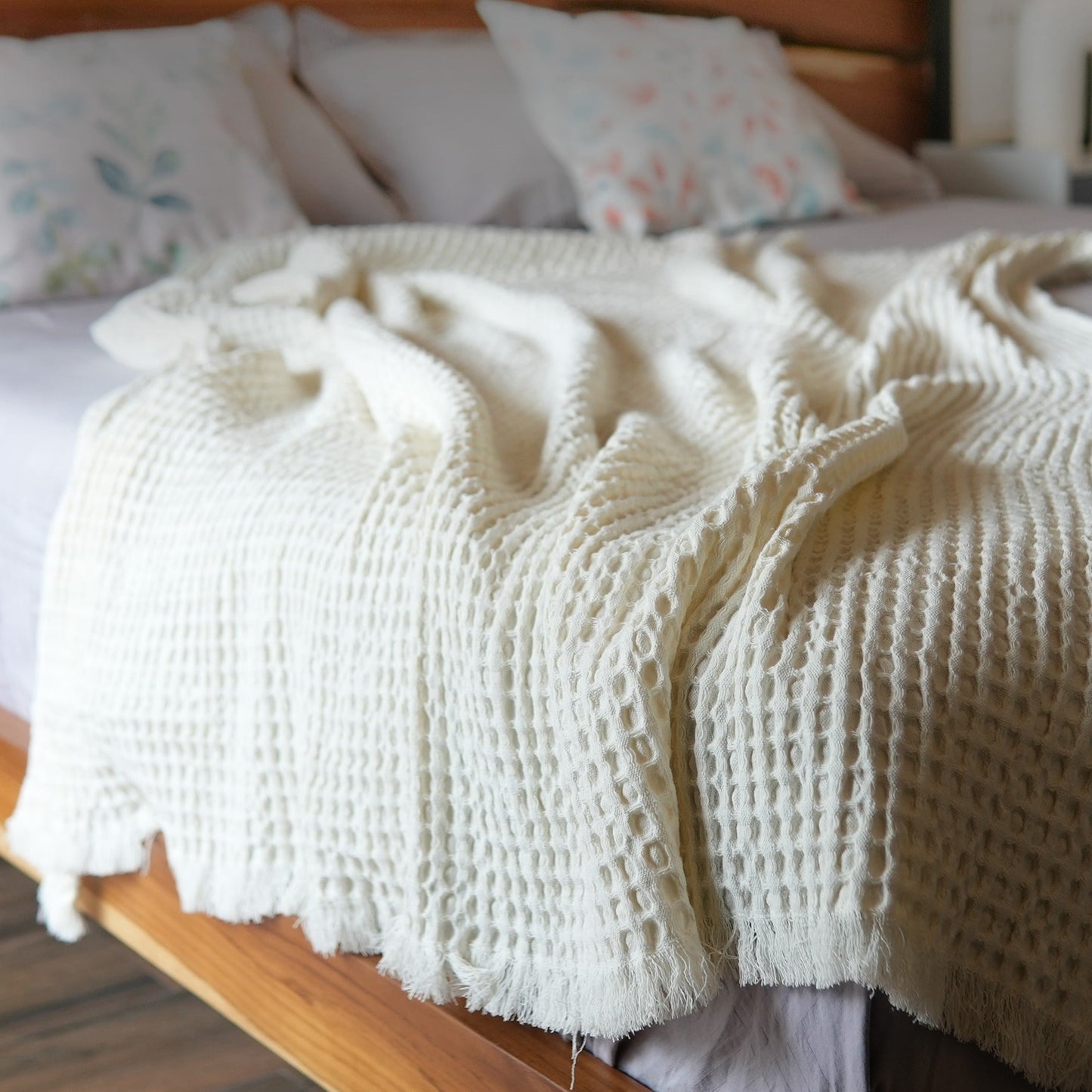 Waffle Weave Throw with Fringes, 50"x 60", 100% Fresh Cotton, Ivory