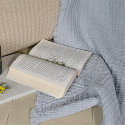 100% Cotton, 4 layer Printed Muslin Throw Blanket - Light Grey Dyed