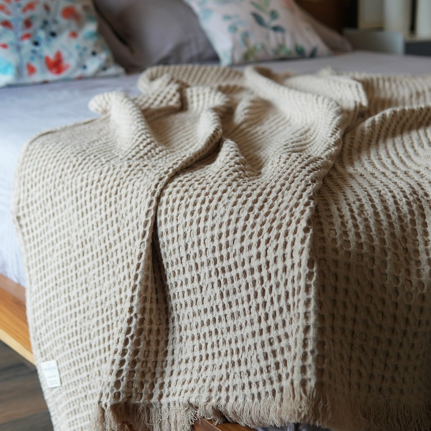 Waffle Weave Throw with Fringes, 50"x 60", 100% Fresh Cotton, Sand