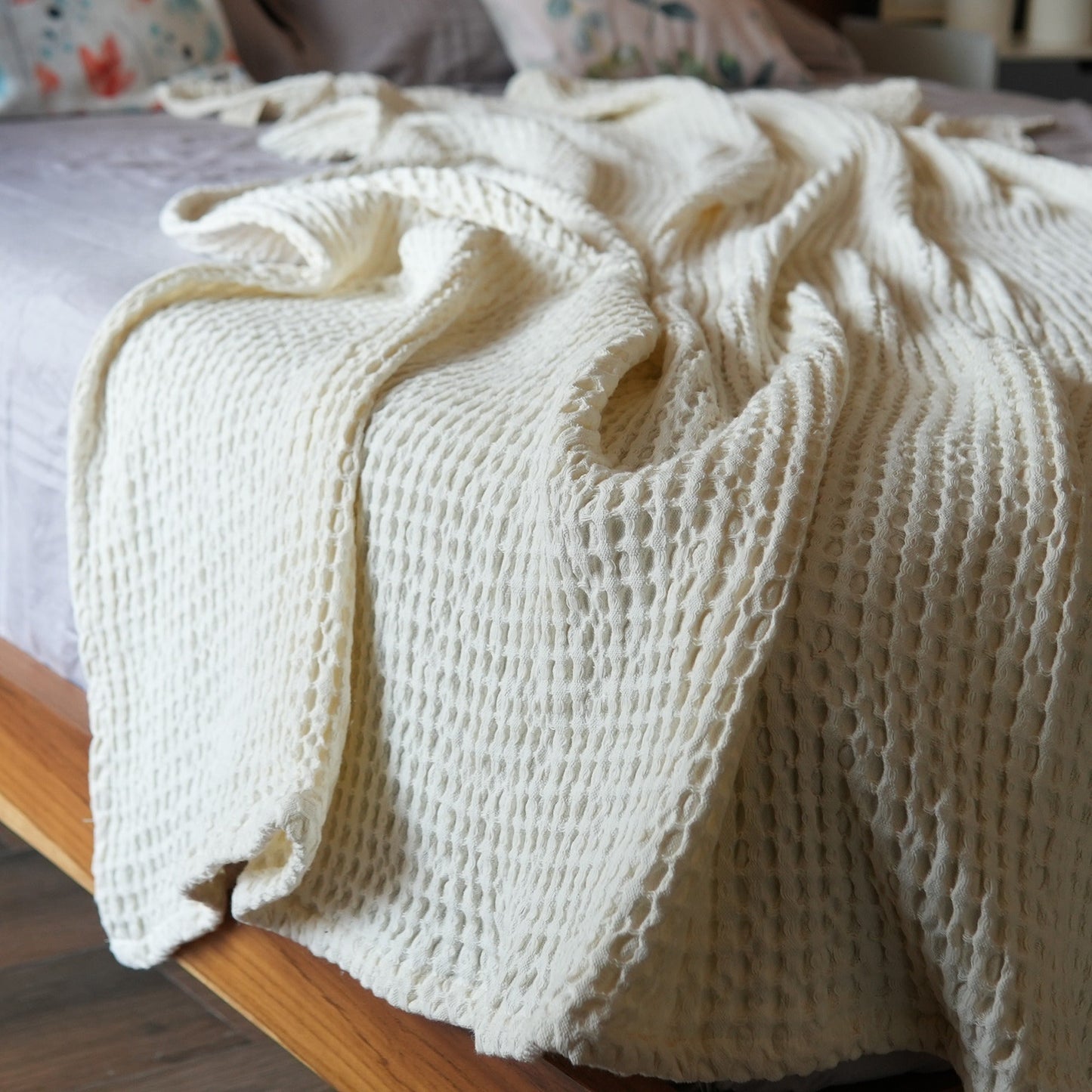 Waffle Weave Throw, 50"x 70", 100% Fresh Cotton, Ivory