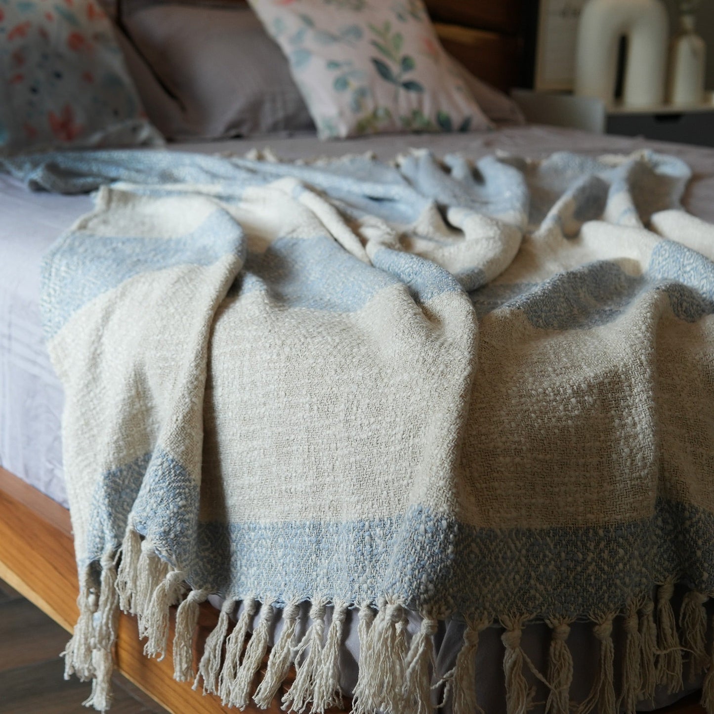 Diamond Weave Throw with Tassels, 50"x 60", 100% Cotton, Cool Blue