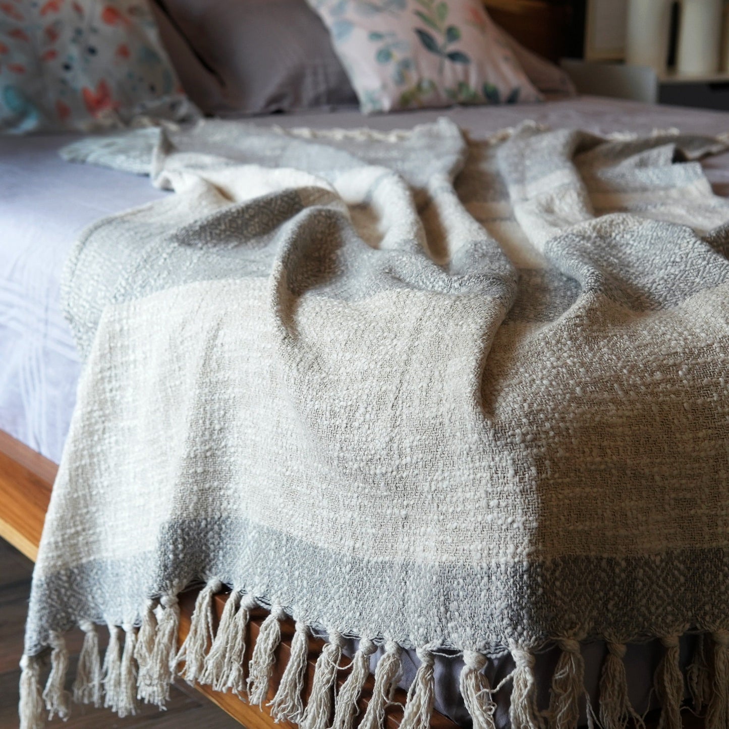 Diamond Weave Throw with Tassels, 50"x 60", 100% Cotton, Mineral Gray