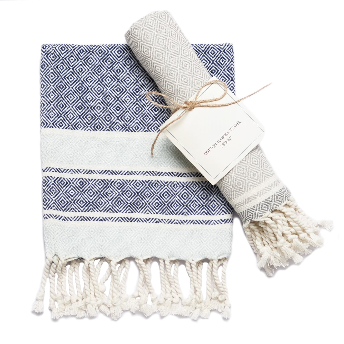 Set of 2 Diamond weave Waffle Stripe Turkish Towel with Twisted Tassels, 18" x 40", 100% Fresh cotton, Blue & Gray - India Wholesale Co.