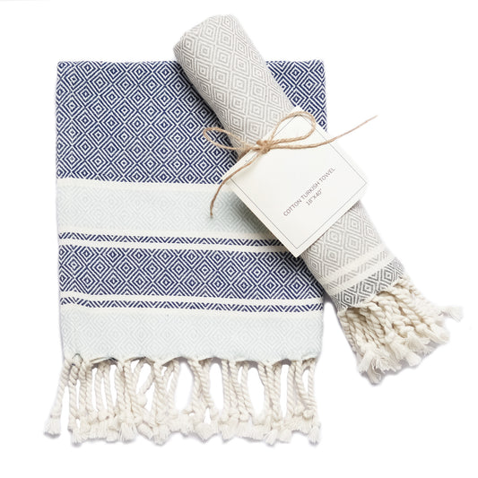 Set of 2 Diamond weave Waffle Stripe Turkish Towel with Twisted Tassels, 18" x 40", 100% Fresh cotton, Blue & Gray - India Wholesale Co.