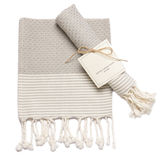 Set of 2 Waffle Stripe Turkish Towel with Twisted Tassels 18" x 40", 100% Fresh cotton, Gray - India Wholesale Co.