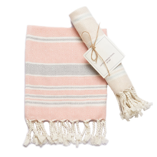 Set of 2 Diamond weave Waffle Stripe Turkish Towel with Twisted Tassels 18" x 40", 100% Fresh cotton, Beige & Red - India Wholesale Co.
