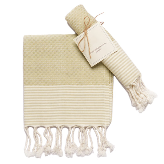 Set of 2 Waffle Stripe Turkish Towel with Twisted Tassels 18" x 40", 100% Fresh cotton, Sage Green - India Wholesale Co.