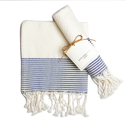 Set of 2 Waffle Stripe Turkish Towel with Twisted Tassels 18" x 40", 100% Fresh cotton, White & Blue - India Wholesale Co.