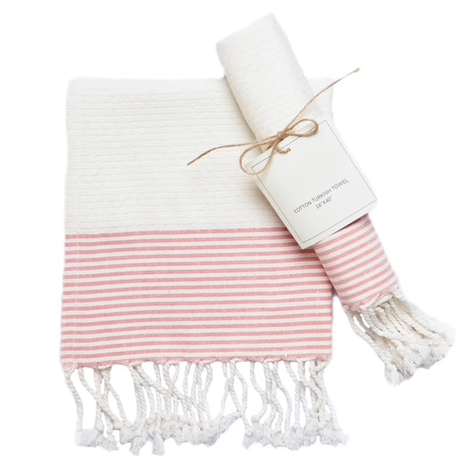 Set of 2 Waffle Stripe Turkish Towel with Twisted Tassels, 18" x 40", 100% Fresh cotton, White & Red - India Wholesale Co.